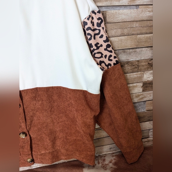 New Colorblock Corduroy Brown With White & Leopard Print Drop Shoulder Shacket - Picture 8 of 15